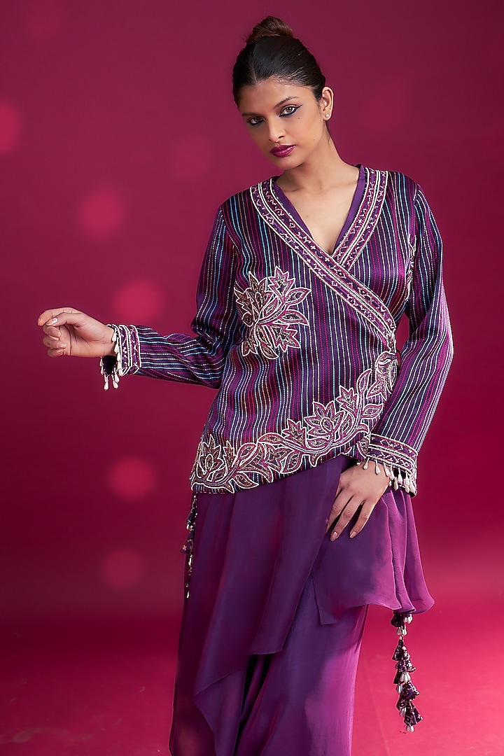 Dark Purple Pure Natural Crepe Dhoti Skirt Set by SEJAL KAMDAR at Pernia's Pop Up Shop