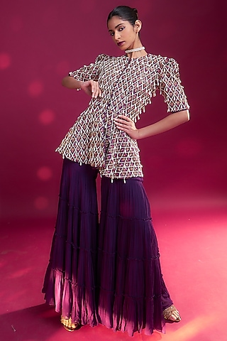 Dark Purple Pure Georgette Tiered Sharara Set by SEJAL KAMDAR