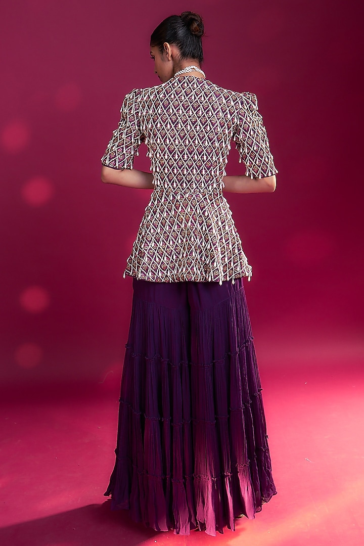 Dark Purple Pure Georgette Tiered Wedding Sharara Set by SEJAL KAMDAR at Pernia's Pop Up Shop