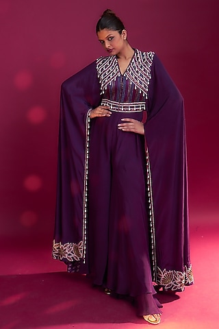 Dark Purple Pure Natural Crepe Patchwork Jumpsuit by SEJAL KAMDAR