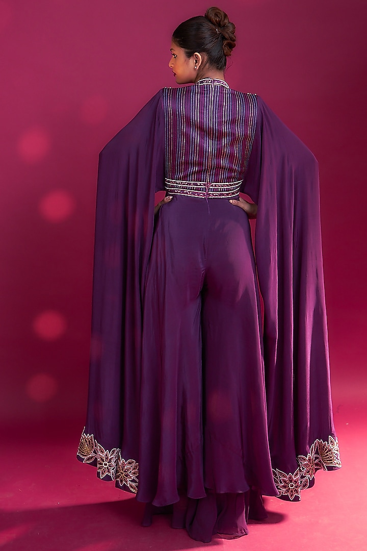 Dark Purple Pure Natural Crepe Patchwork Jumpsuit by SEJAL KAMDAR at Pernia's Pop Up Shop