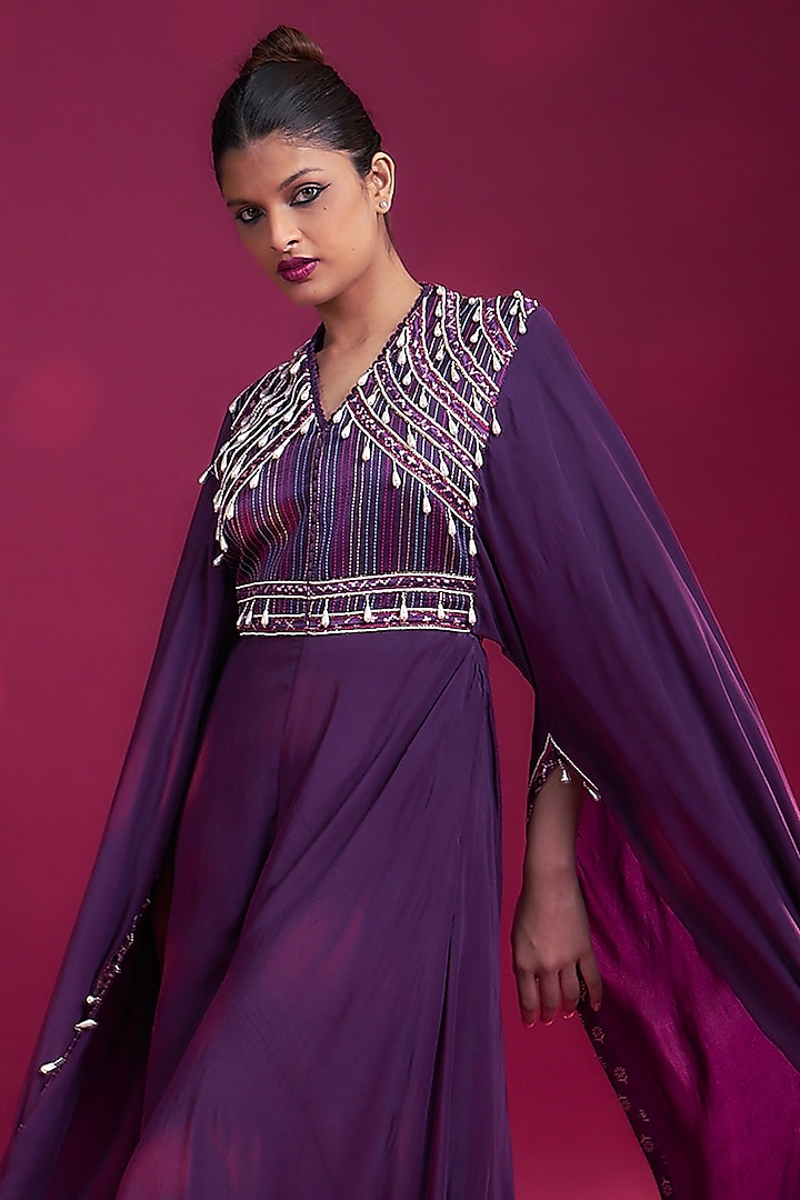 Dark Purple Pure Natural Crepe Patchwork Jumpsuit by SEJAL KAMDAR at Pernia's Pop Up Shop