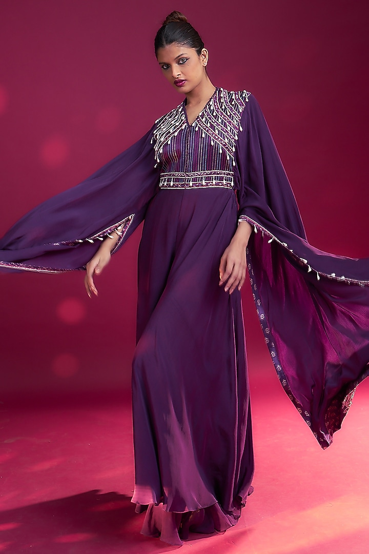 Dark Purple Pure Natural Crepe Patchwork Jumpsuit by SEJAL KAMDAR at Pernia's Pop Up Shop