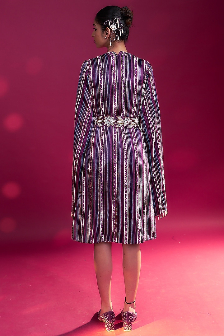 Dark Purple Pure Mashru Silk Striped Handcrafted Cocktail Dress by SEJAL KAMDAR at Pernia's Pop Up Shop