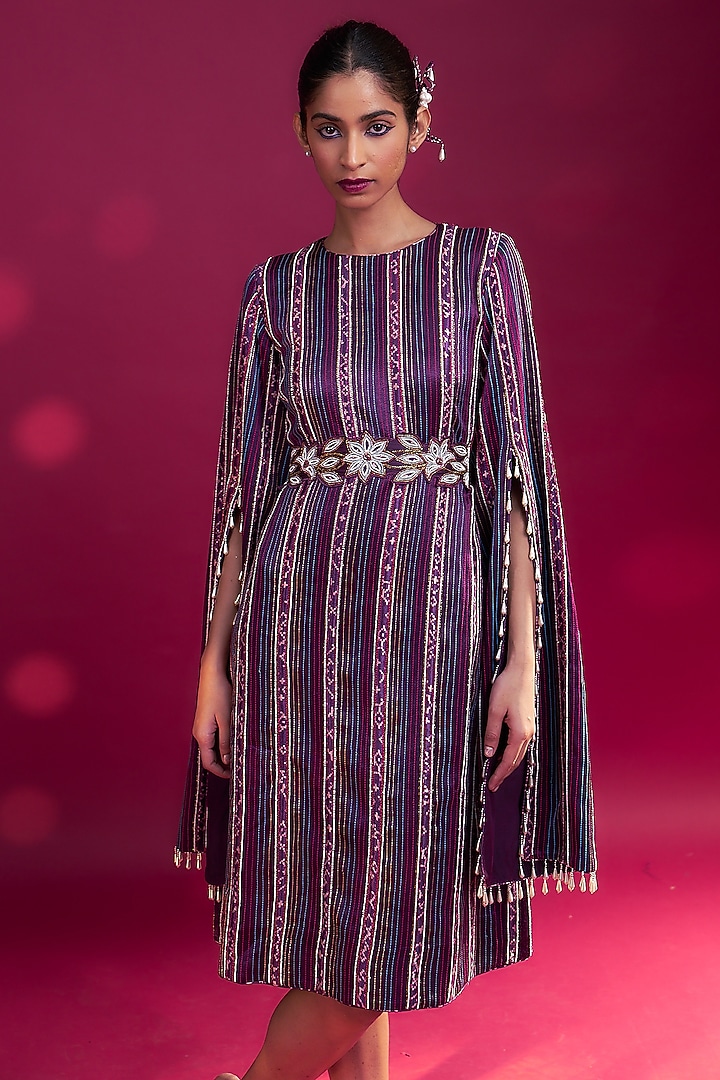Dark Purple Pure Mashru Silk Striped Handcrafted Cocktail Dress by SEJAL KAMDAR at Pernia's Pop Up Shop