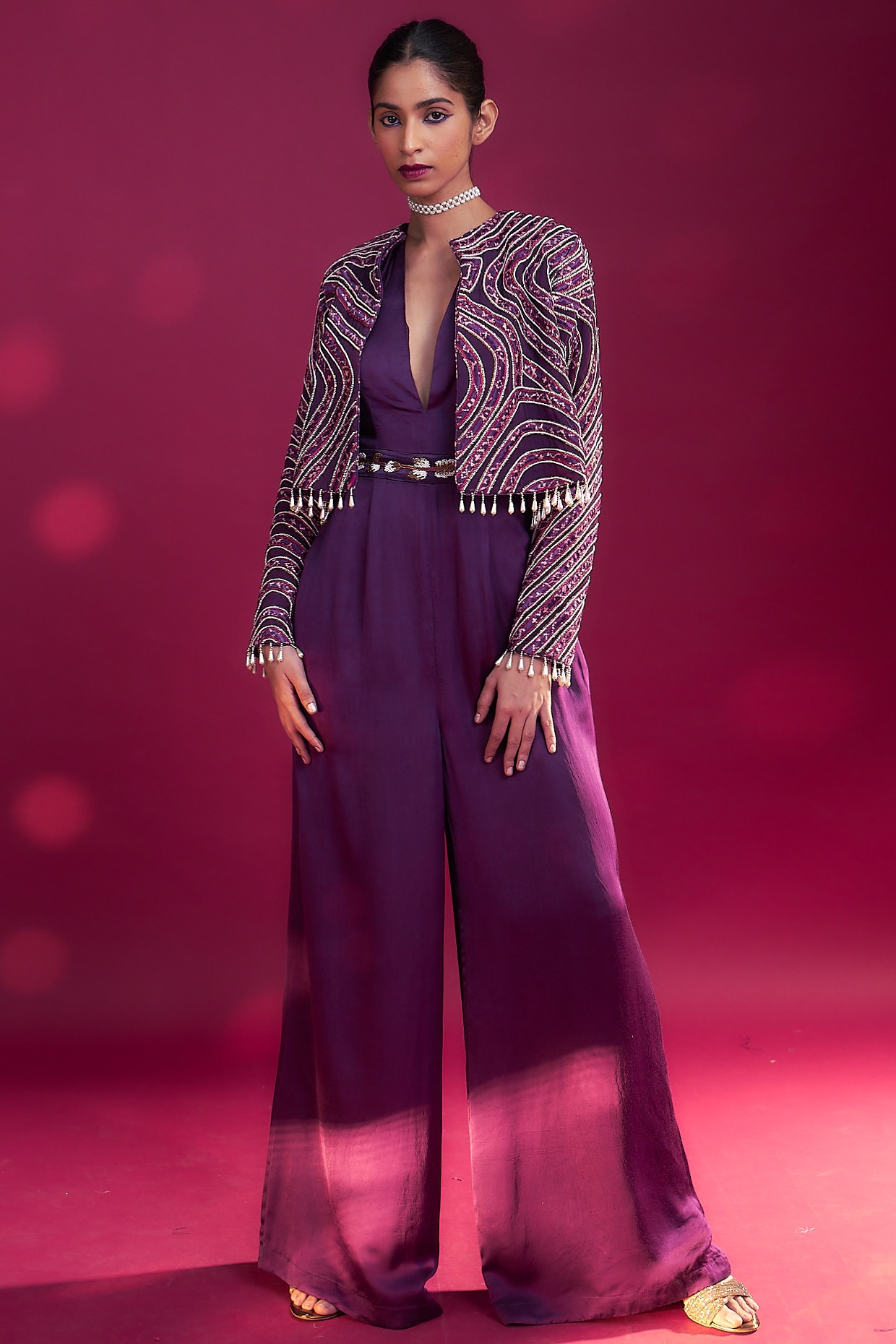 Dark Purple Pure German Satin Jumpsuit by SEJAL KAMDAR at Pernia s Pop Up Shop 2024