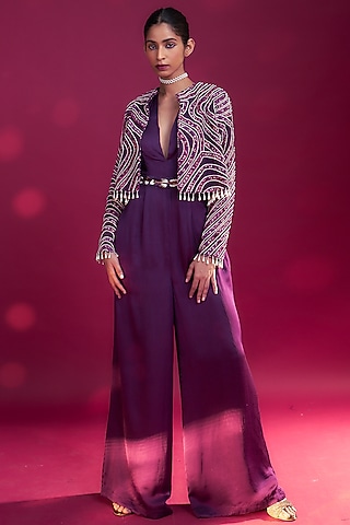 Dark Purple Pure German Satin Jumpsuit by SEJAL KAMDAR