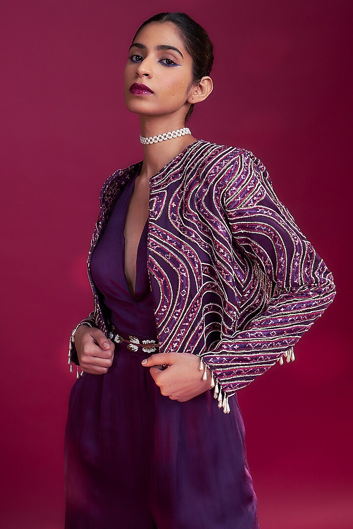 Dark Purple Pure German Satin Jumpsuit by SEJAL KAMDAR at Pernia's Pop Up Shop