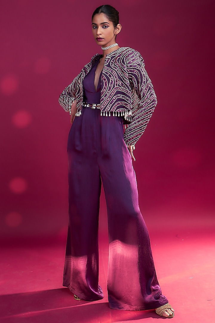 Dark Purple Pure German Satin Jumpsuit by SEJAL KAMDAR at Pernia's Pop Up Shop