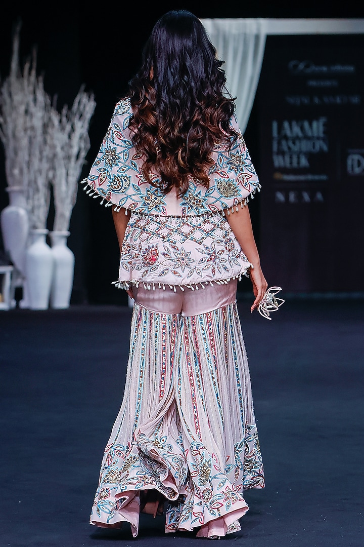 Peachy Pink Organza Embroidered Bridal Sharara Set by SEJAL KAMDAR at Pernia's Pop Up Shop