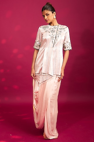 Peachy Pink Natural Crepe Dhoti Skirt Set by SEJAL KAMDAR