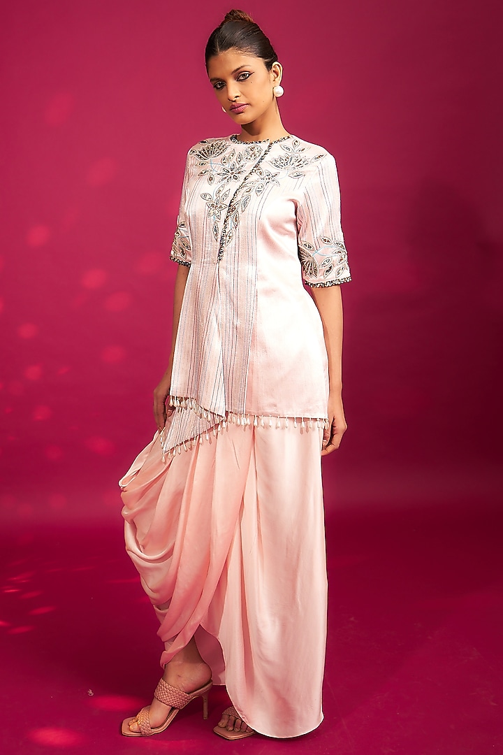 Peachy Pink Natural Crepe Dhoti Skirt Set by SEJAL KAMDAR at Pernia's Pop Up Shop