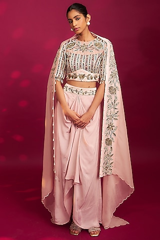 Peachy Pink Natural Crepe Dhoti Skirt Set by SEJAL KAMDAR