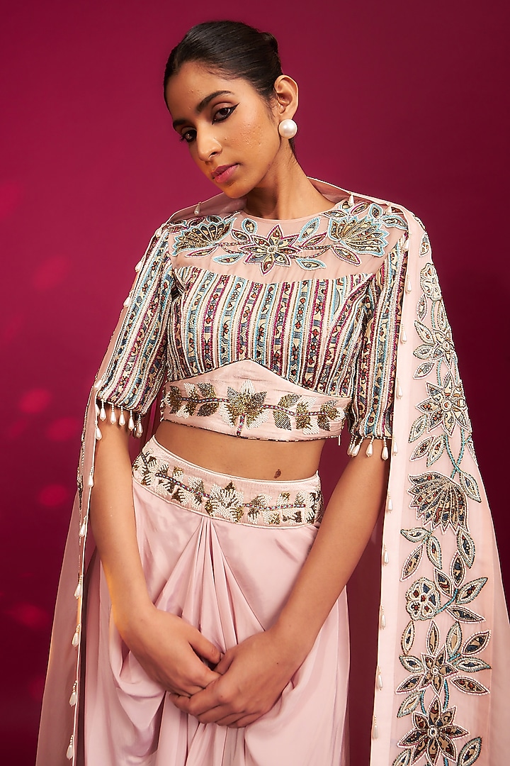 Peachy Pink Natural Crepe Dhoti Skirt Set by SEJAL KAMDAR at Pernia's Pop Up Shop