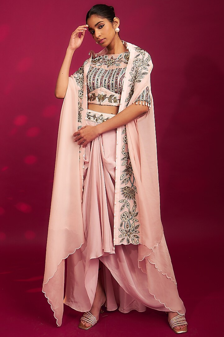 Peachy Pink Natural Crepe Dhoti Skirt Set by SEJAL KAMDAR at Pernia's Pop Up Shop