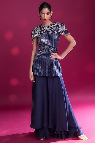 Deep Blue Natural Crepe Pant Set by SEJAL KAMDAR