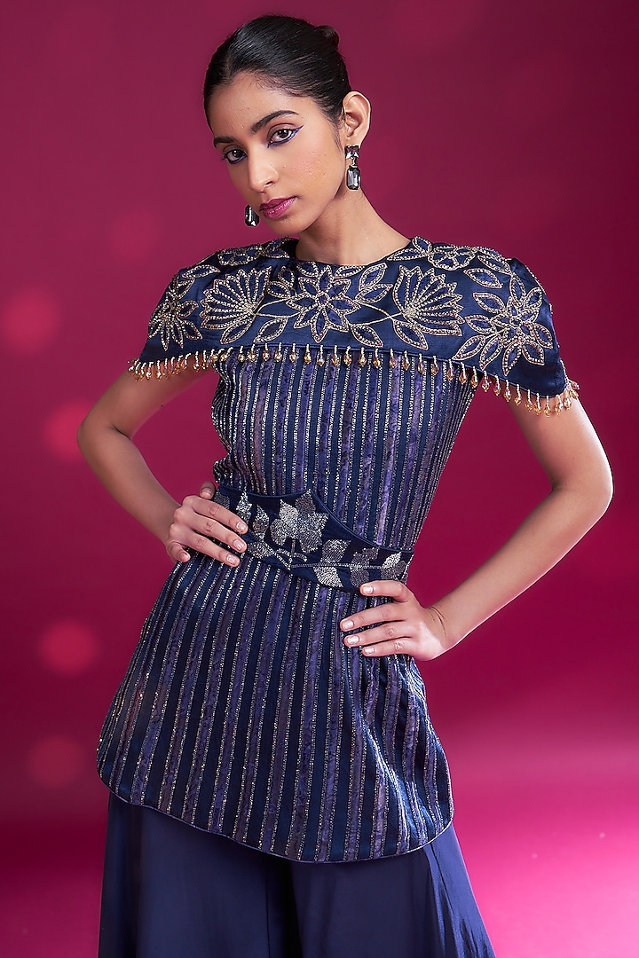 Deep Blue Natural Crepe Pant Set by SEJAL KAMDAR at Pernia's Pop Up Shop