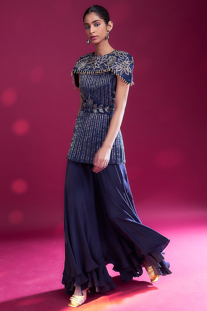 Deep Blue Natural Crepe Pant Set by SEJAL KAMDAR at Pernia's Pop Up Shop