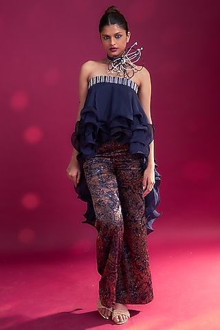 Deep Blue Mashru Silk Ajrakh Pant Set by SEJAL KAMDAR