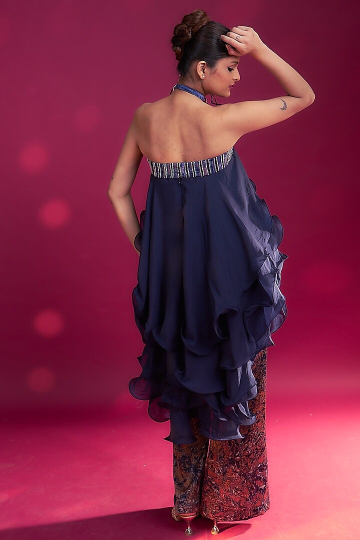 Deep Blue Mashru Silk Ajrakh Pant Set by SEJAL KAMDAR at Pernia's Pop Up Shop