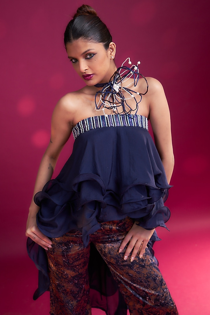 Deep Blue Mashru Silk Ajrakh Pant Set by SEJAL KAMDAR at Pernia's Pop Up Shop