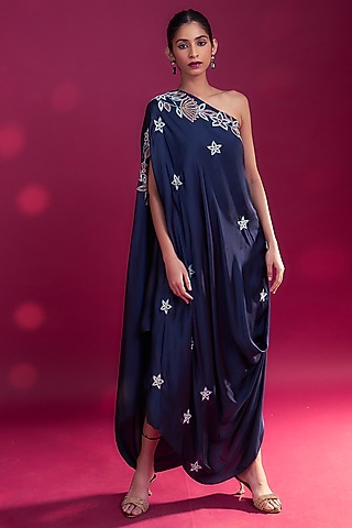 Deep Blue Pure Natural Crepe Patchwork Kaftan by SEJAL KAMDAR