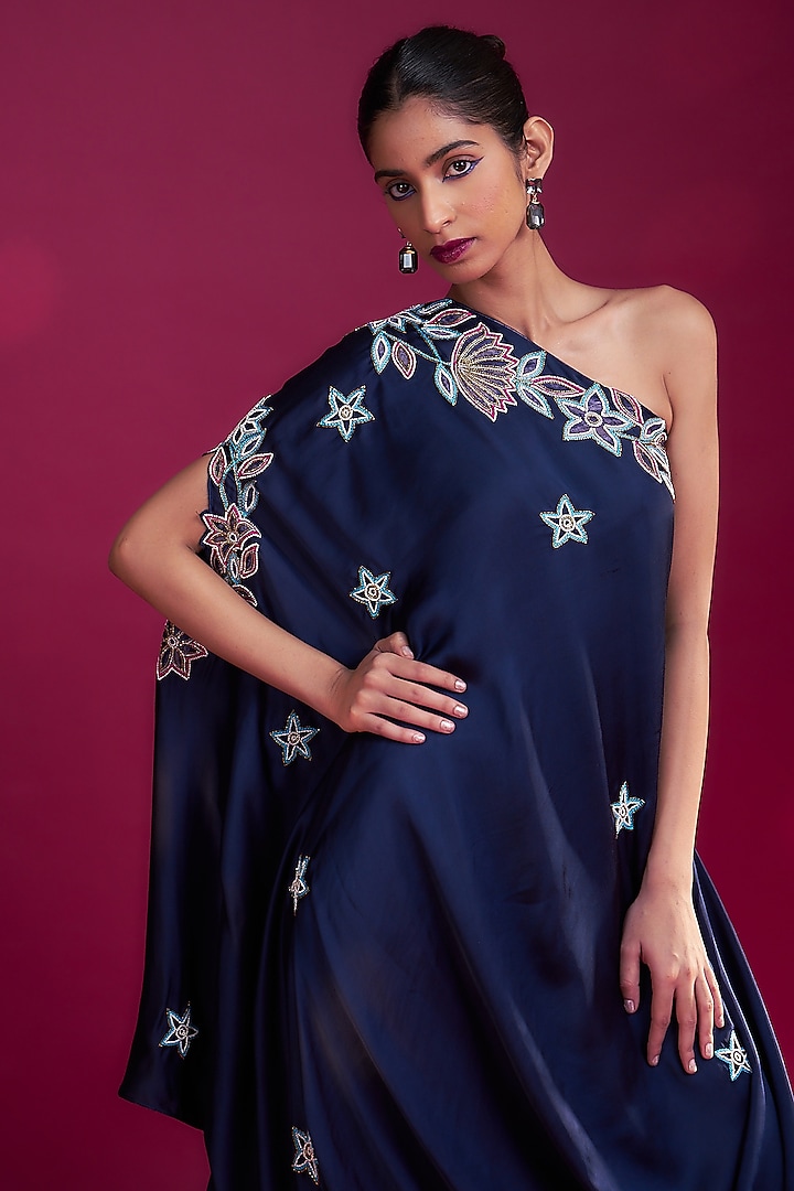 Deep Blue Pure Natural Crepe Patchwork Kaftan by SEJAL KAMDAR at Pernia's Pop Up Shop