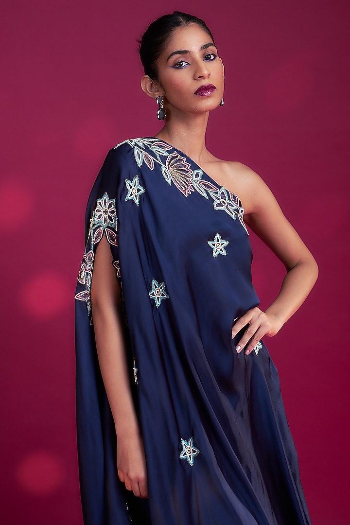 Deep Blue Pure Natural Crepe Patchwork Kaftan by SEJAL KAMDAR at Pernia's Pop Up Shop