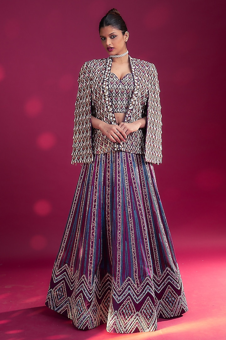 Purple Mashru Silk Embroidered & Ajrakh Striped Jacket Lehenga Set by SEJAL KAMDAR