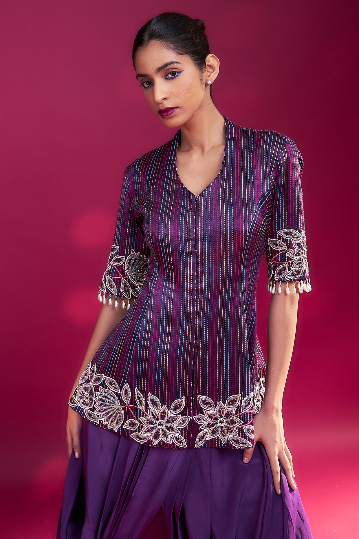 Dark Purple Natural Crepe Dhoti Skirt Set by SEJAL KAMDAR at