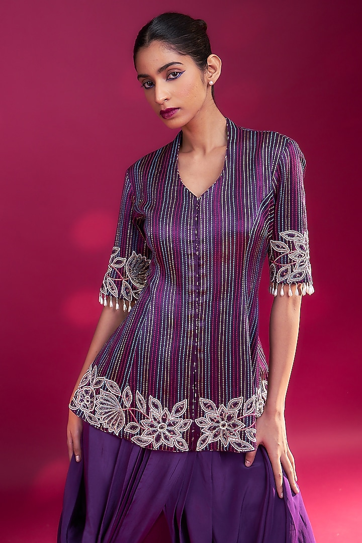 Dark Purple Natural Crepe Dhoti Skirt Set by SEJAL KAMDAR at Pernia's Pop Up Shop