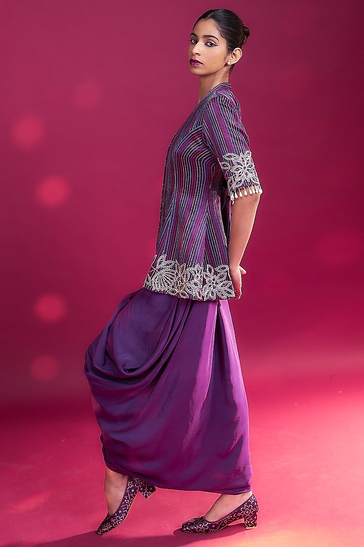 Dark Purple Natural Crepe Dhoti Skirt Set by SEJAL KAMDAR at Pernia's Pop Up Shop