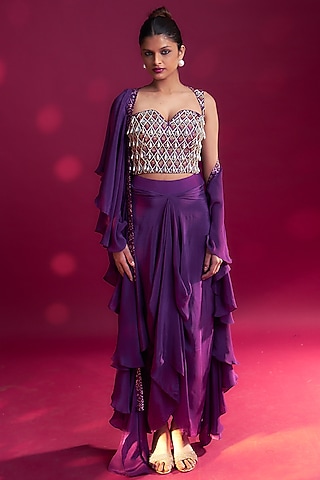 Dark Purple Natural Crepe Dhoti Skirt Set by SEJAL KAMDAR
