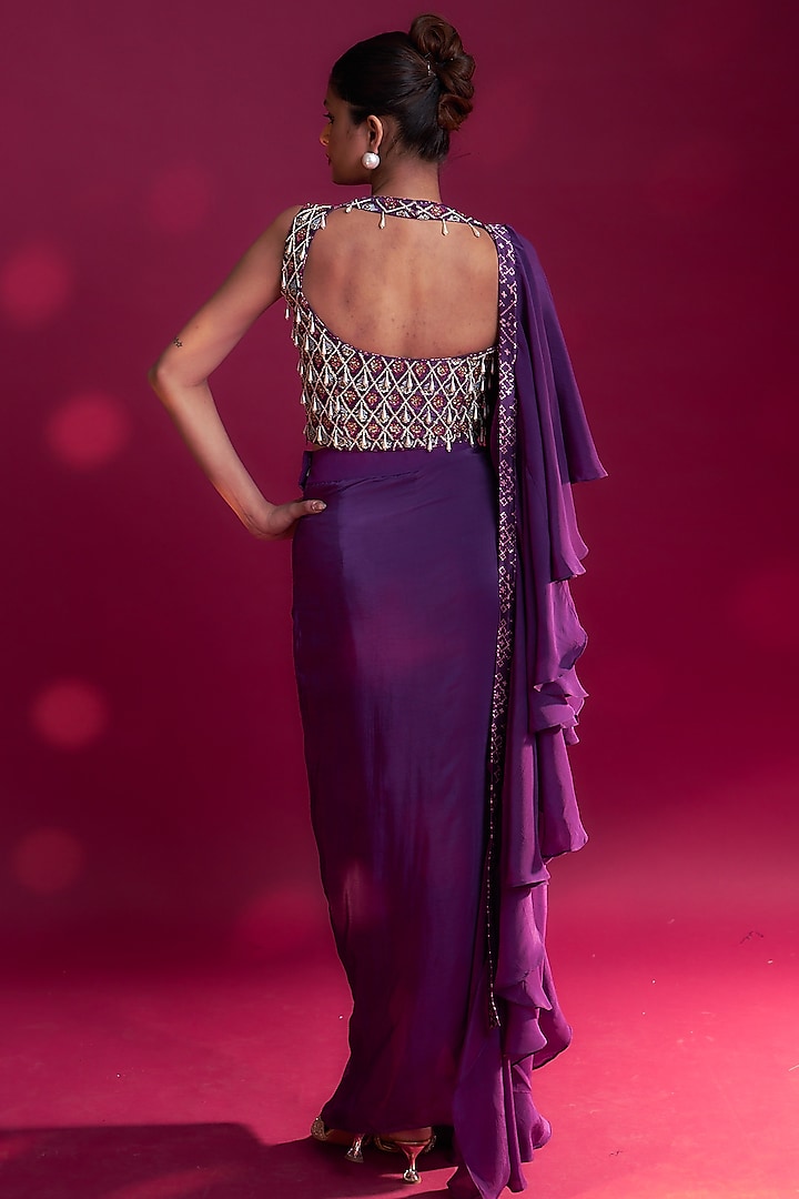 Dark Purple Natural Crepe Dhoti Skirt Set by SEJAL KAMDAR at Pernia's Pop Up Shop