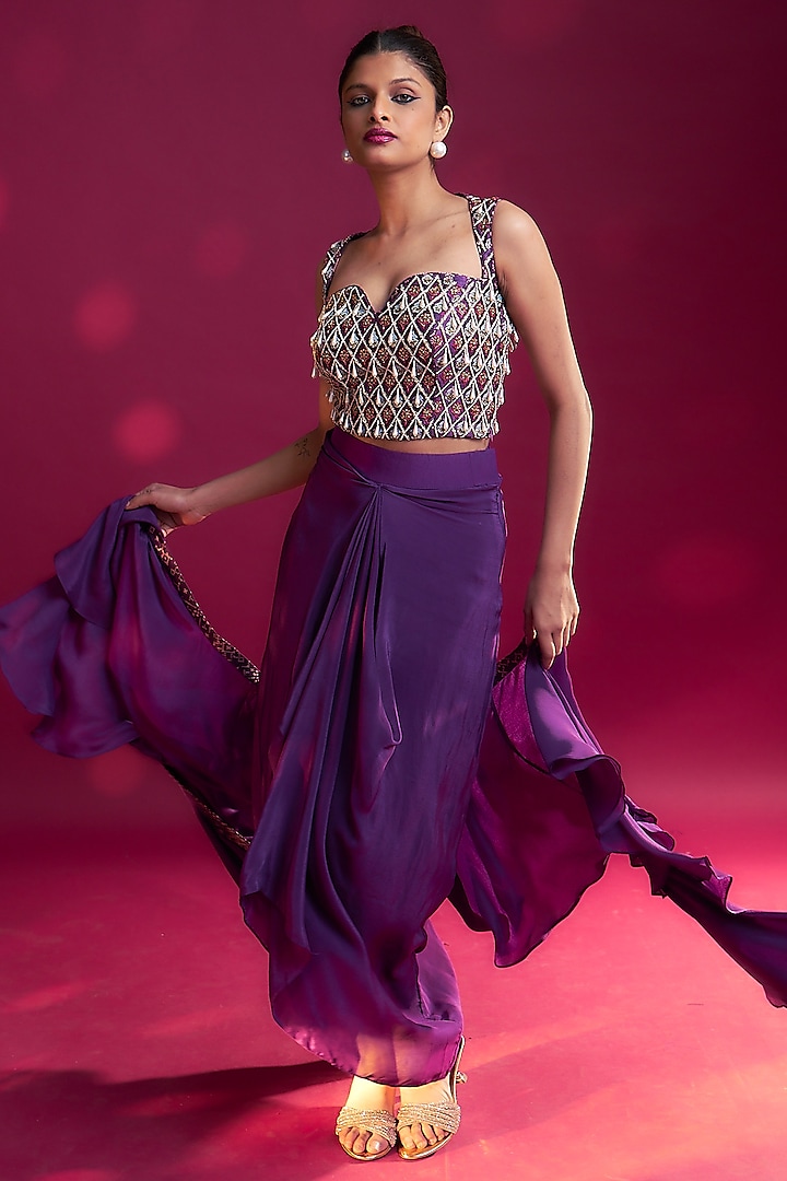 Dark Purple Natural Crepe Dhoti Skirt Set by SEJAL KAMDAR at Pernia's Pop Up Shop