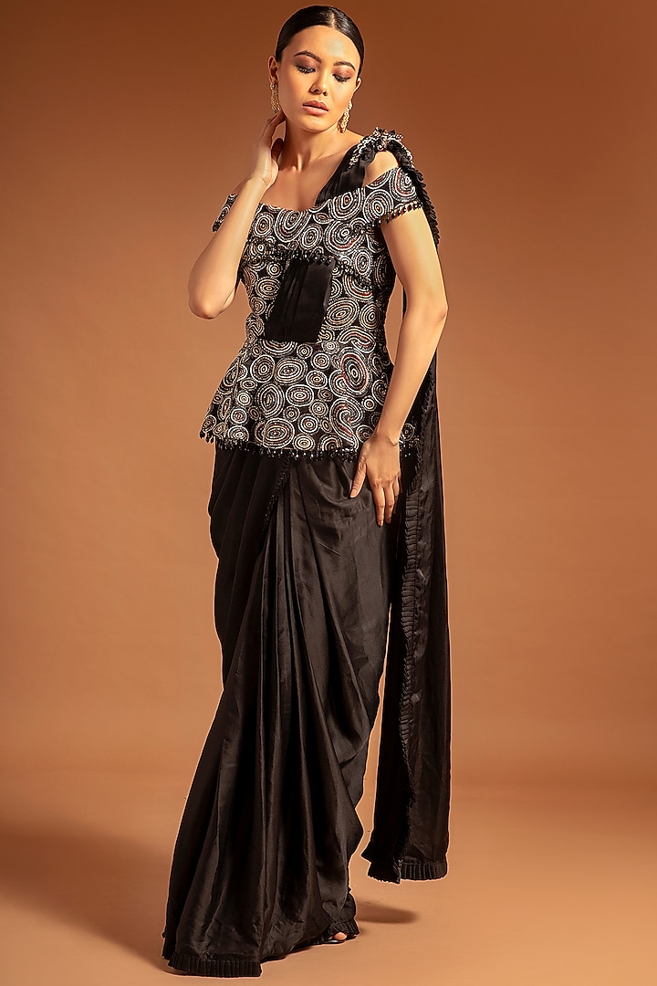 Black Ajrak Printed & Embroidered Gown Saree by SEJAL KAMDAR