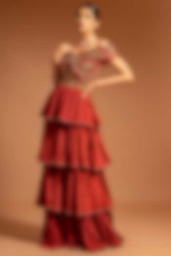 Scarlet Red Printed & Embroidered Off-Shoulder Layered Dress by SEJAL KAMDAR