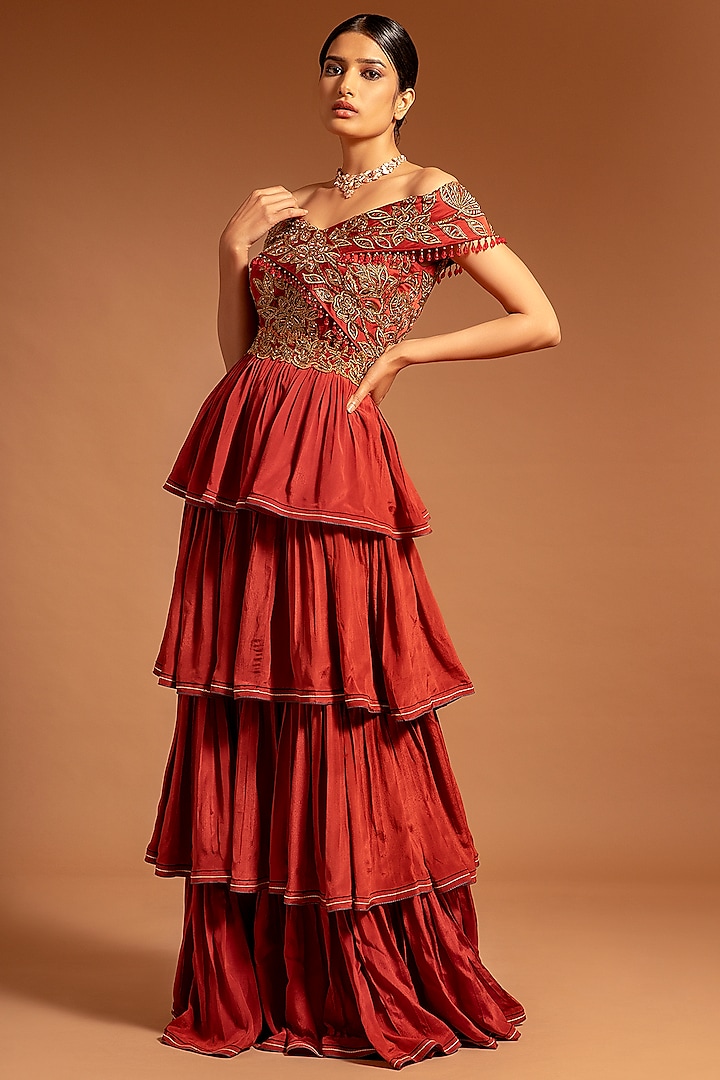Scarlet Red Printed & Embroidered Off-Shoulder Layered Dress by SEJAL KAMDAR