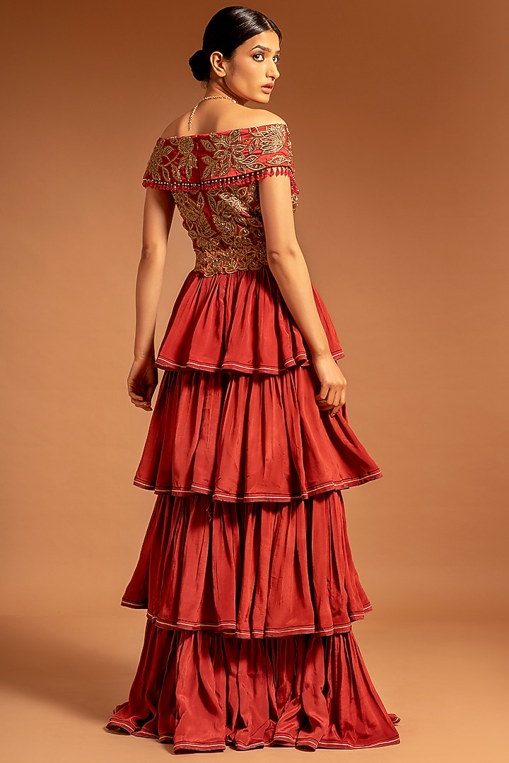 Scarlet Red Printed & Embroidered Off-Shoulder Layered Cocktail Dress by SEJAL KAMDAR at Pernia's Pop Up Shop