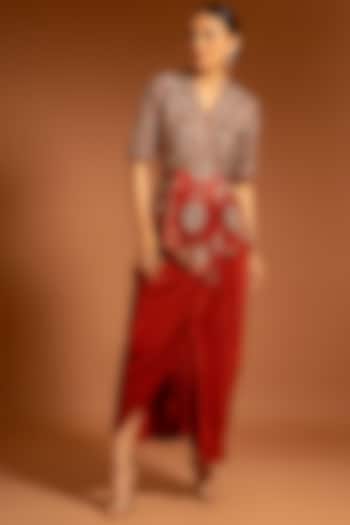 Scarlet Red Printed & Embroidered Peplum Overlapped Dress Dress by SEJAL KAMDAR