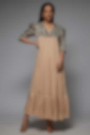 Beige Pure Georgette Ajrakh Printed Gathered Cocktail Dress by SEJAL KAMDAR at Pernia's Pop Up Shop