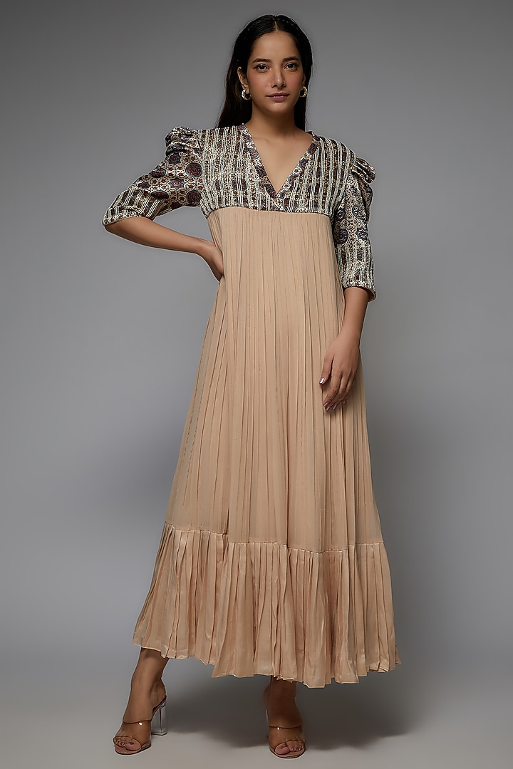 Beige Pure Georgette Ajrakh Printed Gathered Cocktail Dress by SEJAL KAMDAR at Pernia's Pop Up Shop