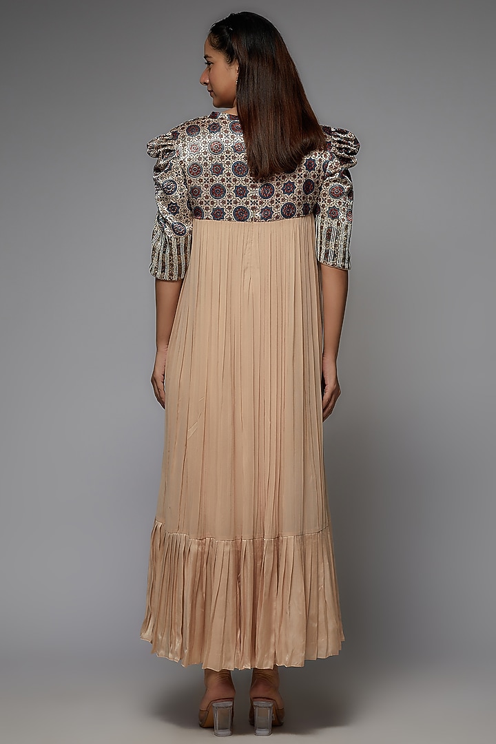 Beige Pure Georgette Ajrakh Printed Gathered Cocktail Dress by SEJAL KAMDAR at Pernia's Pop Up Shop