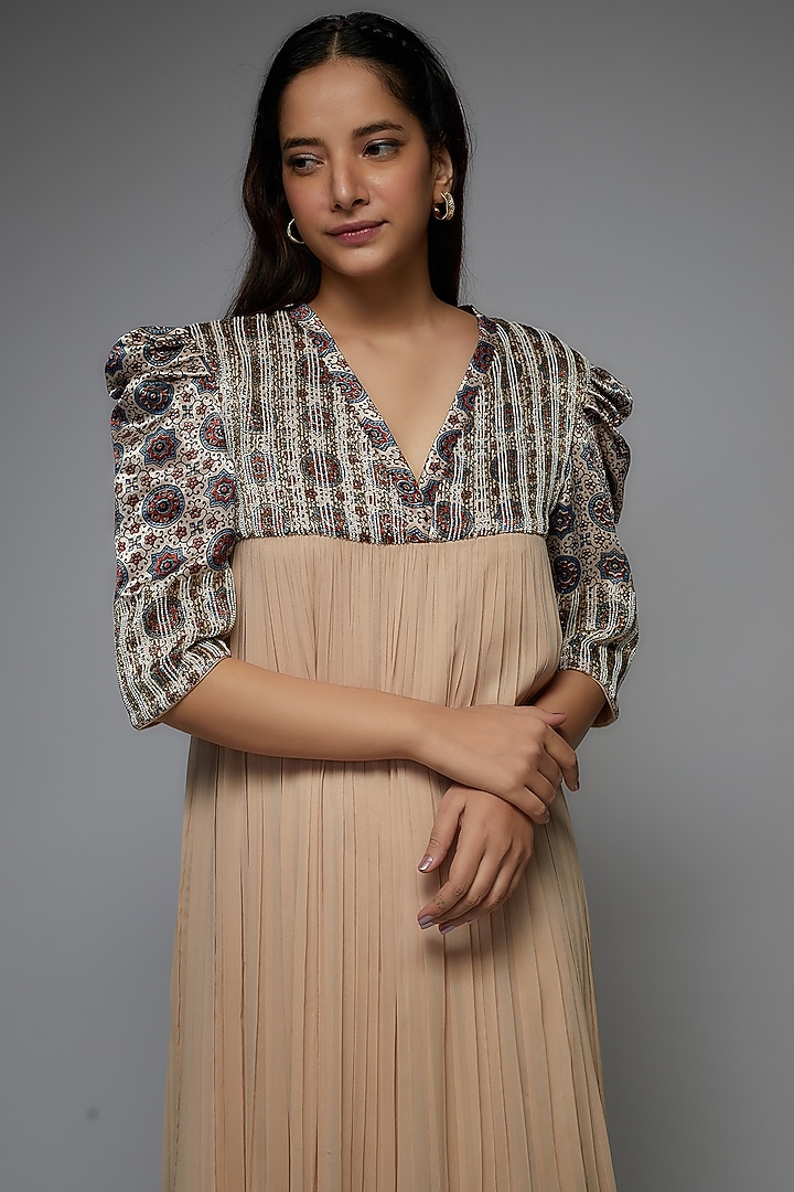 Beige Pure Georgette Ajrakh Printed Gathered Cocktail Dress by SEJAL KAMDAR at Pernia's Pop Up Shop