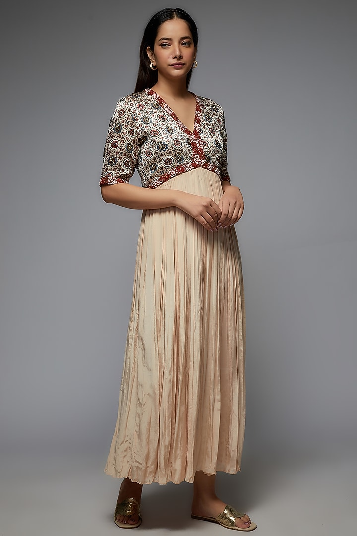 Beige Pure Muslin Silk Gathered A-Line Vacation Dress by SEJAL KAMDAR at Pernia's Pop Up Shop