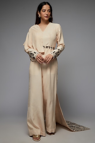 Ivory Pure Satin Crepe Draped Jumpsuit by SEJAL KAMDAR