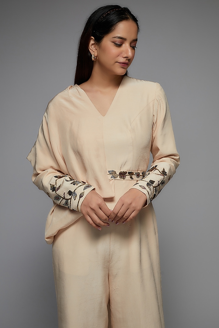 Ivory Pure Satin Crepe Draped Jumpsuit by SEJAL KAMDAR at Pernia's Pop Up Shop
