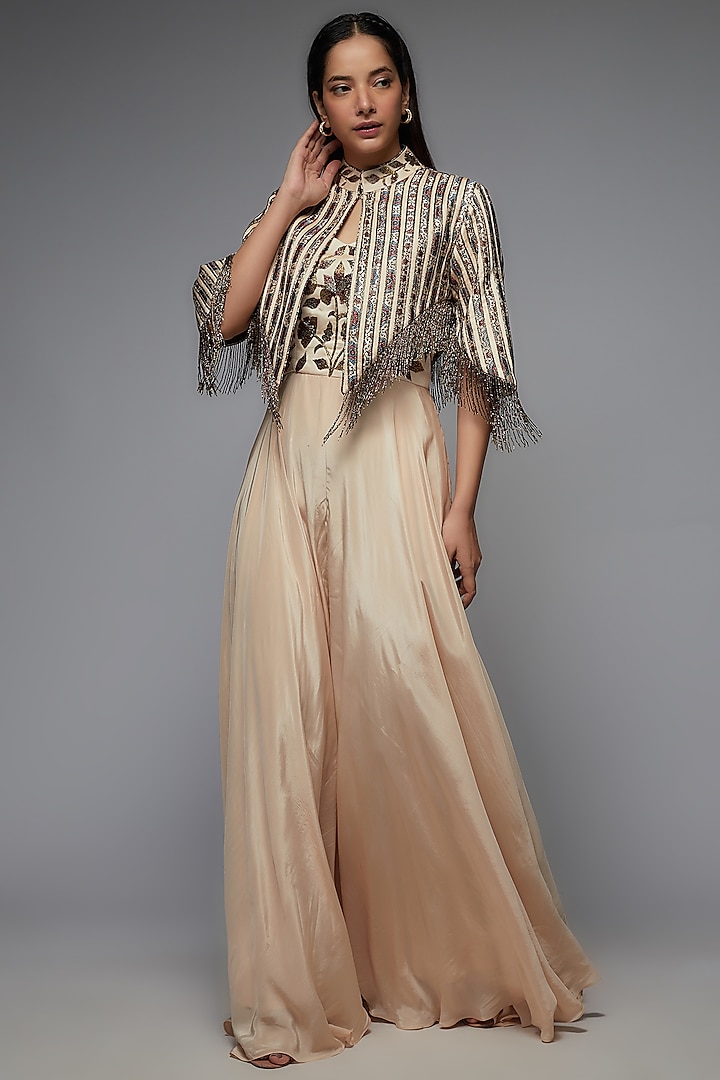 Beige Natural Crepe Embellished Jumpsuit With Jacket by SEJAL KAMDAR at Pernia's Pop Up Shop