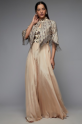 Beige Natural Crepe Embellished Jumpsuit With Jacket by SEJAL KAMDAR