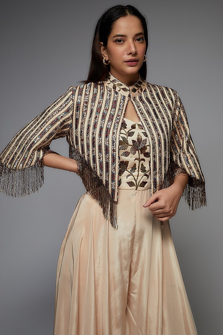 Beige Natural Crepe Embellished Jumpsuit With Jacket by SEJAL KAMDAR at Pernia's Pop Up Shop